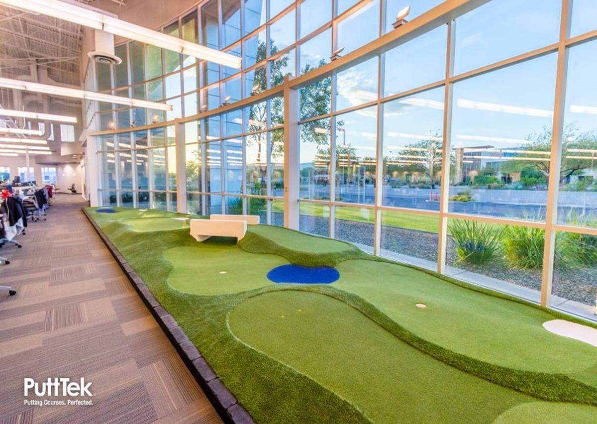 PuttTek designs indoor putting courses like the one shown. It was enlisted to execute a custom one for Sockeye Alehouse.