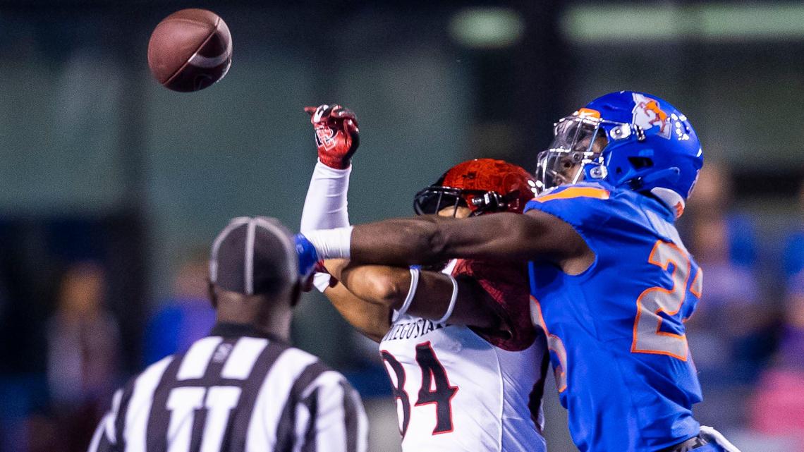 Boise State safety Seyi Oladipo breaks up a pass intended for San Diego State wide receiver Darius De Los Reyes in a game at Albertsons Stadium in September.