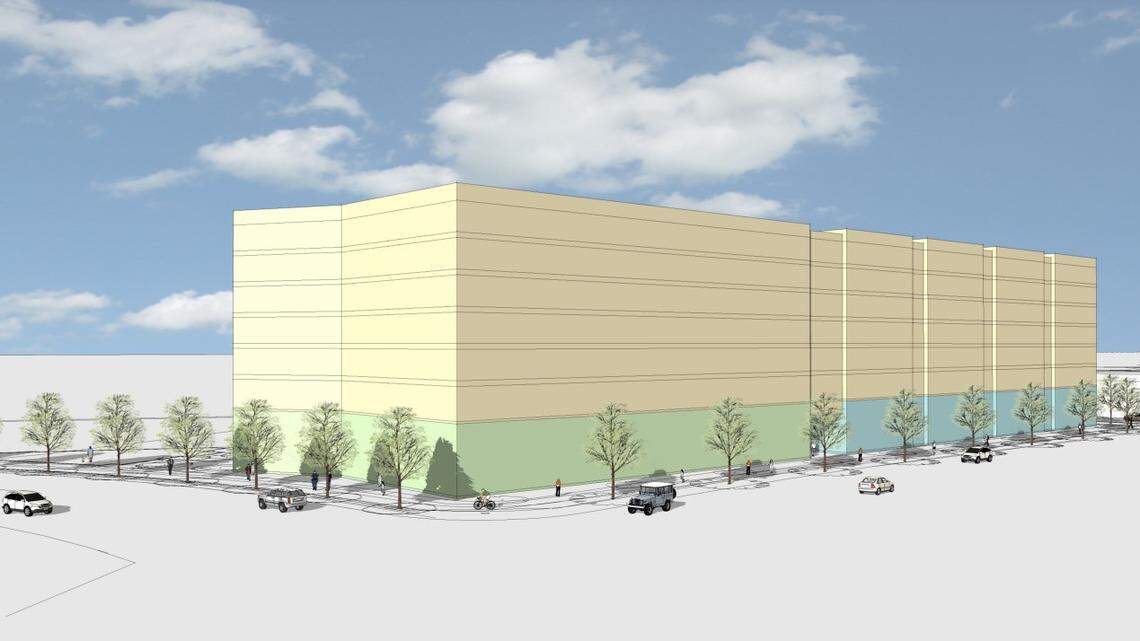 A preliminary outline of what is expected to be an eight-story building that includes a mix of commercial development and three different types of apartments at 703 S. Americana Blvd.