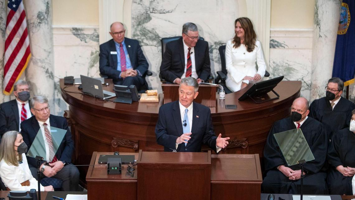 Idaho Gov. Brad Little delivers his State of the State address to the Idaho Legislature and the public Monday, Jan. 10, 2022, in the House Chambers of the Idaho Capitol in Boise.