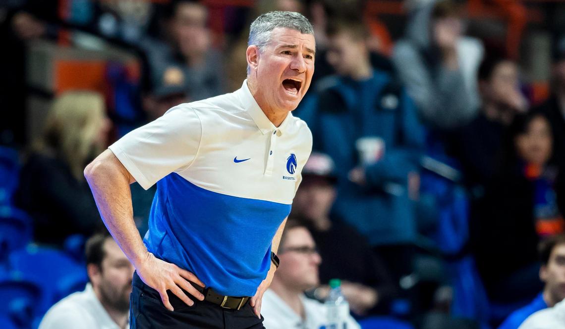 Boise State head coach Leon Rice questions a referee call in the first half of the Broncos’ Mountain West against Wyoming Wednesday, Jan. 1, 2020 at ExtraMile Arena in Boise.