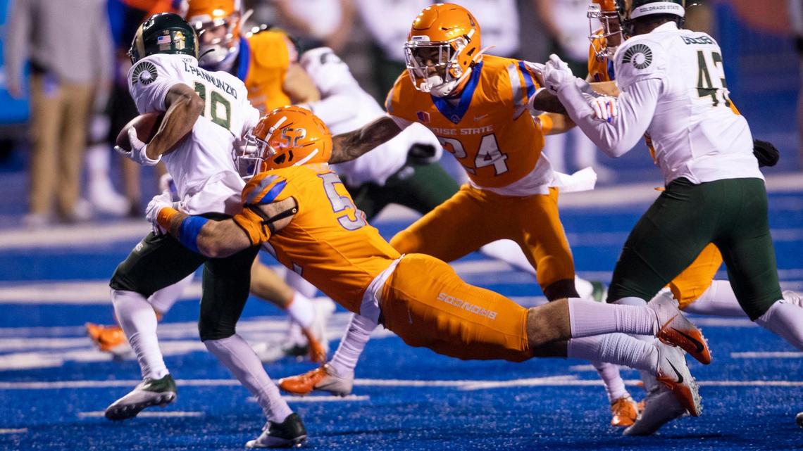 Boise State linebacker DJ Schramm (52) replaced five-year starter Riley Whimpey at weakside linebacker on the Broncos’ first depth chart of the season.