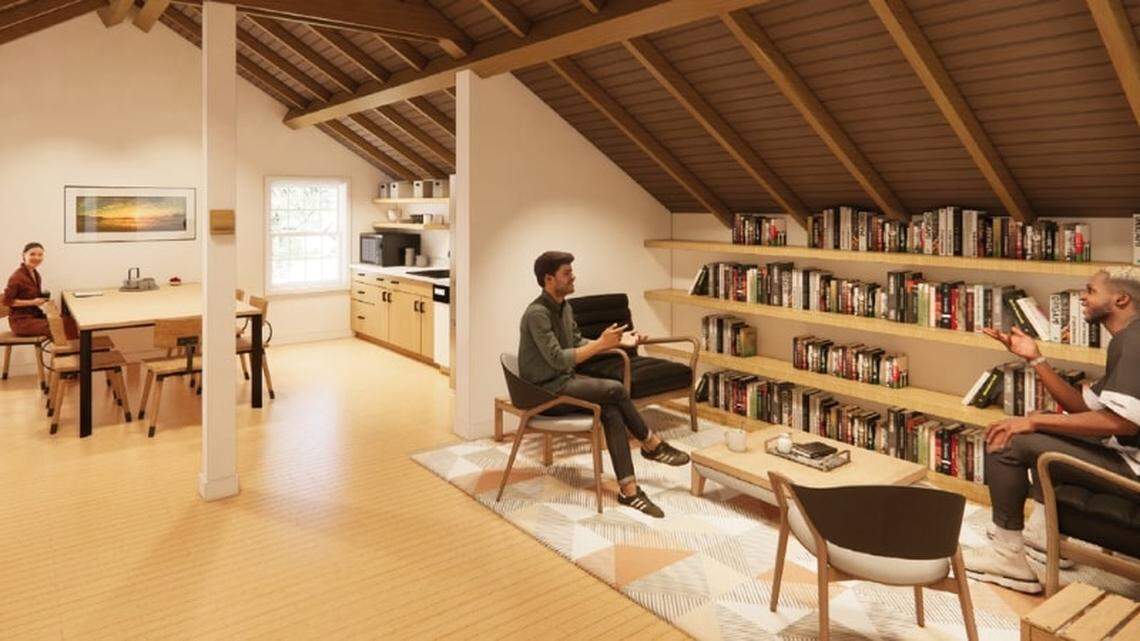 The reading loft in the attic, as shown in this rendering, would include seating and space for books.