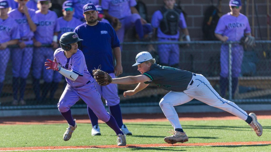 Mountain View third baseman Ryan Yesford chases down a Rocky Mountain base runner in the state tournament last spring.