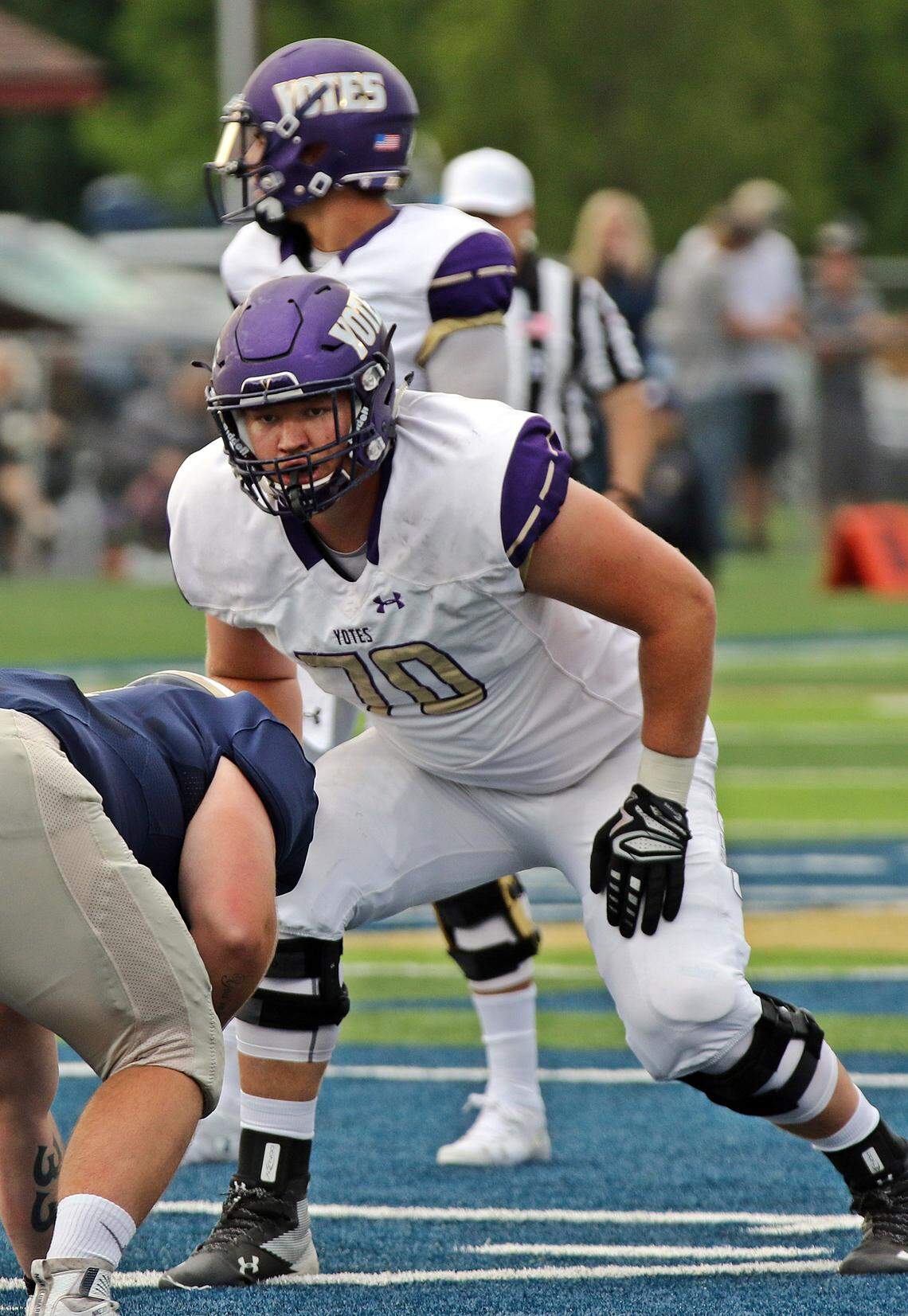 College of Idaho senior offensive tackle Josh Brown is listed at 6-foot-7, 305 pounds — 2 inches and 85 pounds heavier than he was in high school.