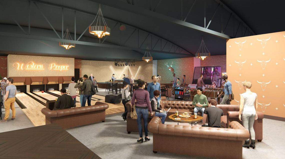 An architectural rendering of the gaming area and stage in the back corner.