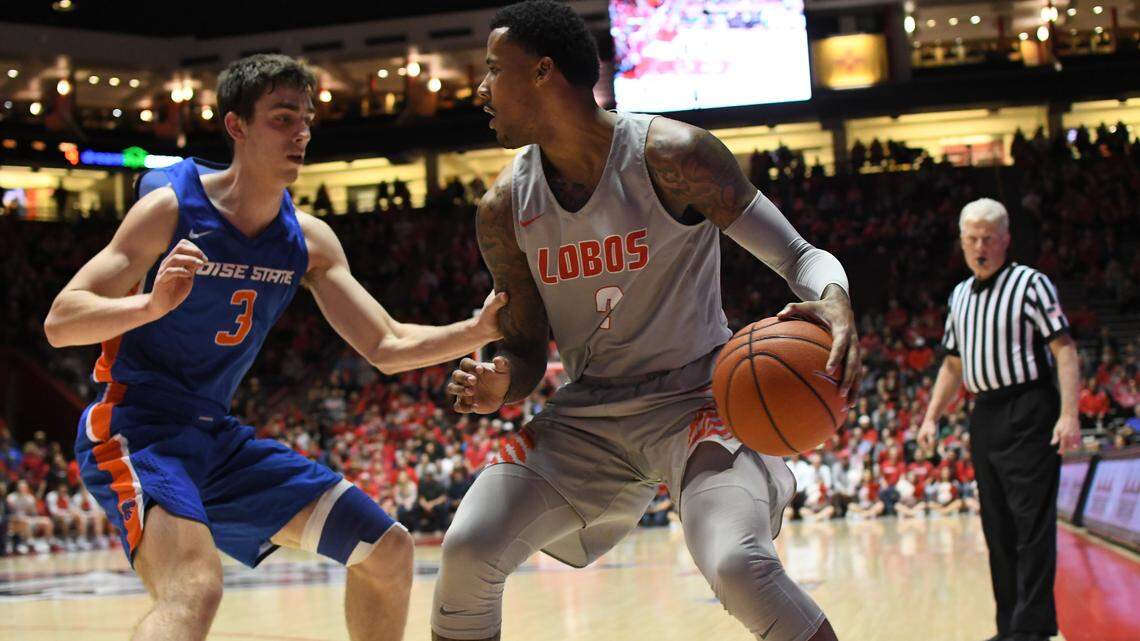 Boise State’s Justinian Jessup guards New Mexico’s Vance Jackson during their game Wednesday night at Dreamstyle Arena in Albuquerque, New Mexico.