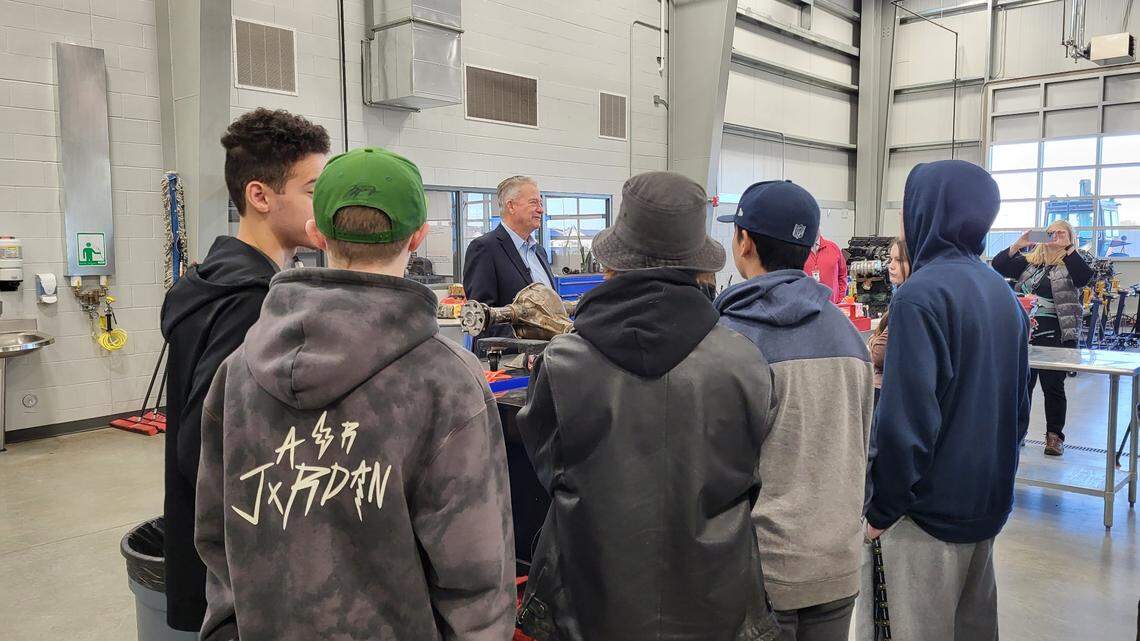 Idaho Gov. Brad Little speaks to students at Kuna’s Swan Falls Dam High School about his workforce training scholarship program on Feb. 16, 2023. Little’s bill narrowly passed in the Senate on Wednesday.