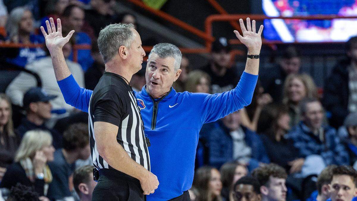 Boise State head coach Leon Rice pleads his case on a foul call during the Broncos' game against Utah State at ExtraMile Arena in Boise, Saturday, Jan. 10, 2026.