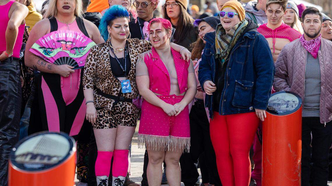 People in drag wait to dance in The Pink Runway Party show, an event at Treefort Music Fest, in March 2023. The event was part of Treefort’s Dragfort, a collection of LGBTQIA+ cultural performances and queer spaces.