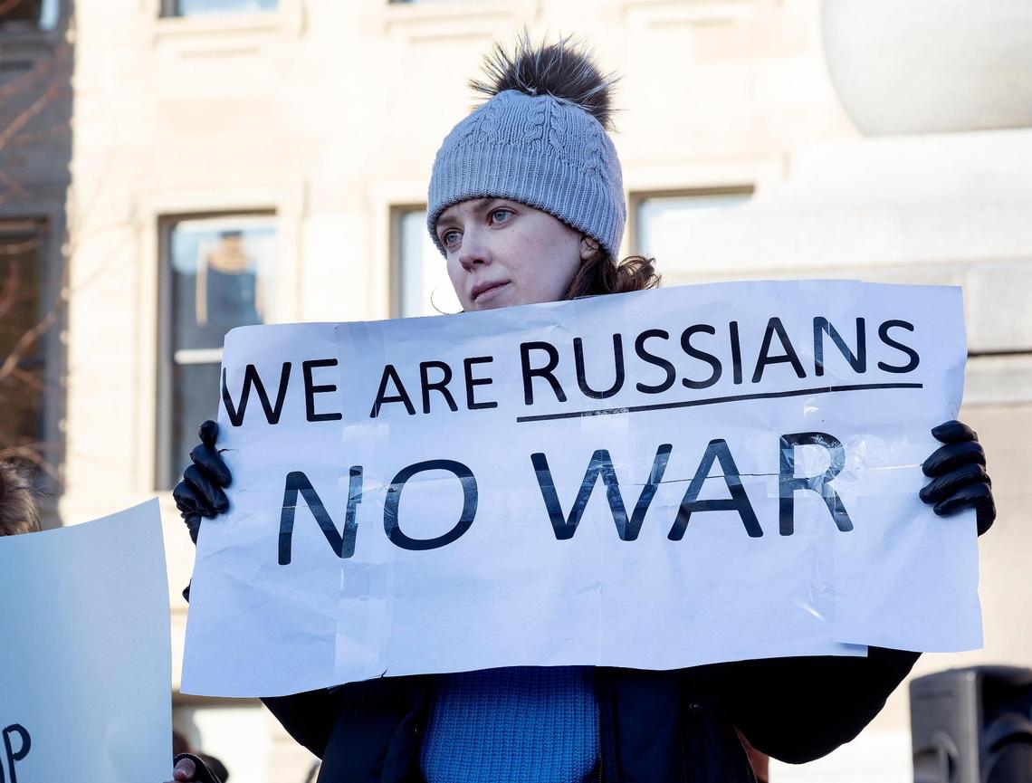 Boise resident Maria Riabukhina is Russian and is against the invasion in Ukraine. She and several hundred people gathered outside of the Idaho Capitol Building on Saturday to rally against the Russian invasion of Ukraine.