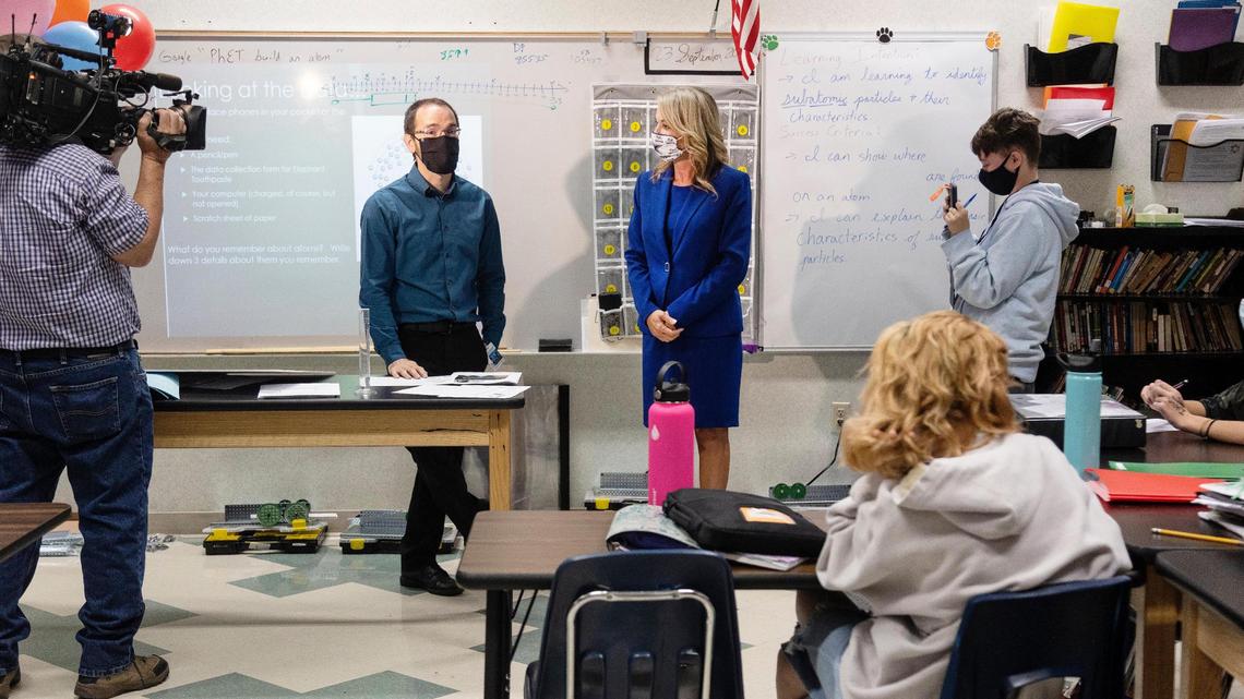 Superintendent of Public Instruction Sherri Ybarra, right, makes a surprise visit to Crossroads Middle School teacher Todd Knight’s classroom on Thursday. Ybarra pitched her K-12 budget proposal for the next fiscal year to lawmakers Monday.