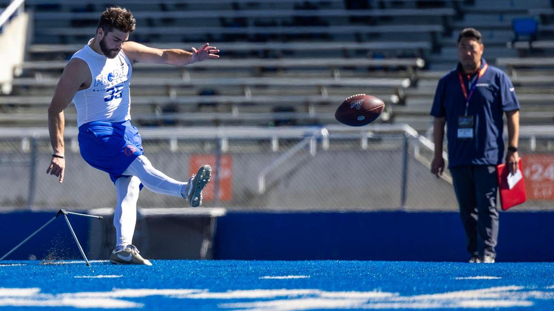 Boise State kicker Jonah Dalmas gives NFL scouts a look Wednesday at pro day in Boise.