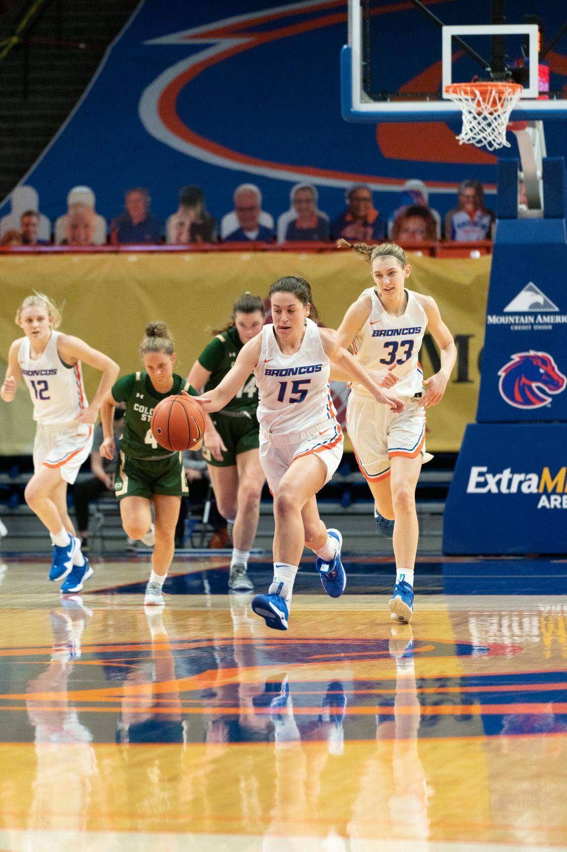 Boise State freshman guard Cristina Gil takes off on a fastbreak against Colorado State on Wednesday at ExtraMile Arena. The Broncos lost 71-51 to the Rams.