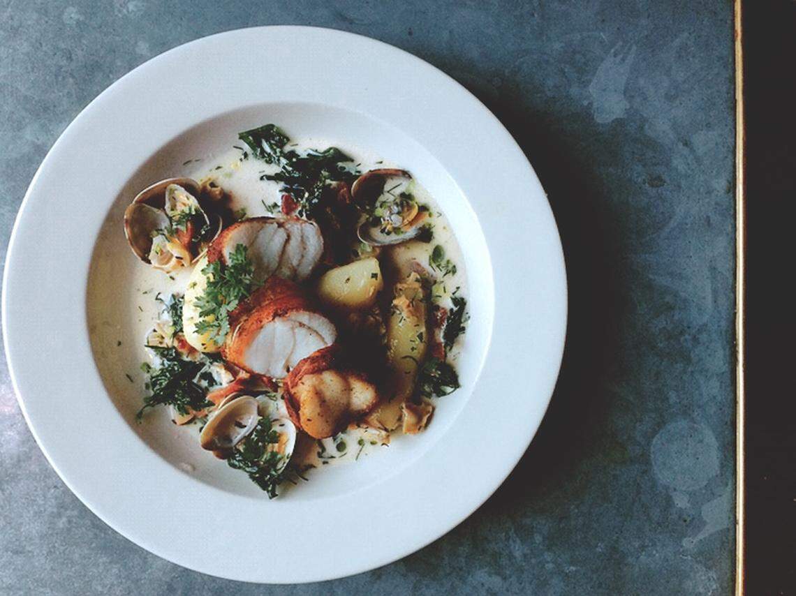 Little Pearl Oyster Bar, which replaced the Regal Beaver, offers gourmet dining such as this mixed seafood dish with bacon-wrapped monkfish.