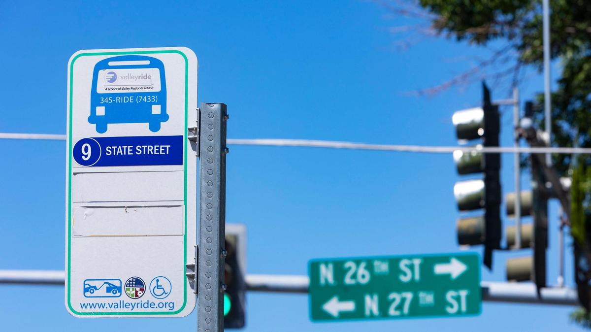 A Valley Regional Transit bus stop sign is posted on the westbound side of State Street at 26th Street in Boise, pictured on Thursday, Aug. 11, 2022.