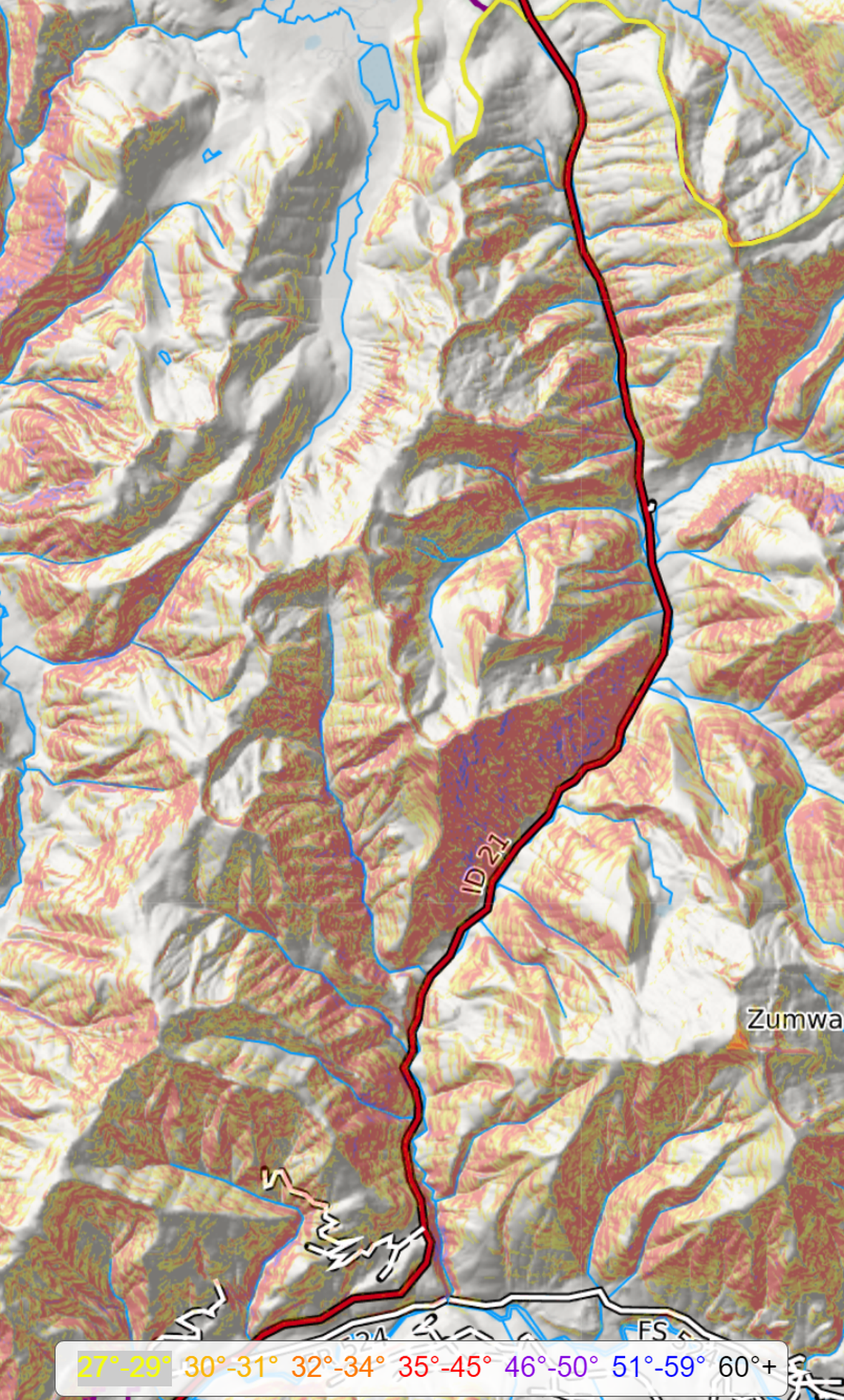 Anything shaded yellow or darker is a potential avalanche risk, while State Highway 21, in red, runs through the middle of Avalanche Alley.