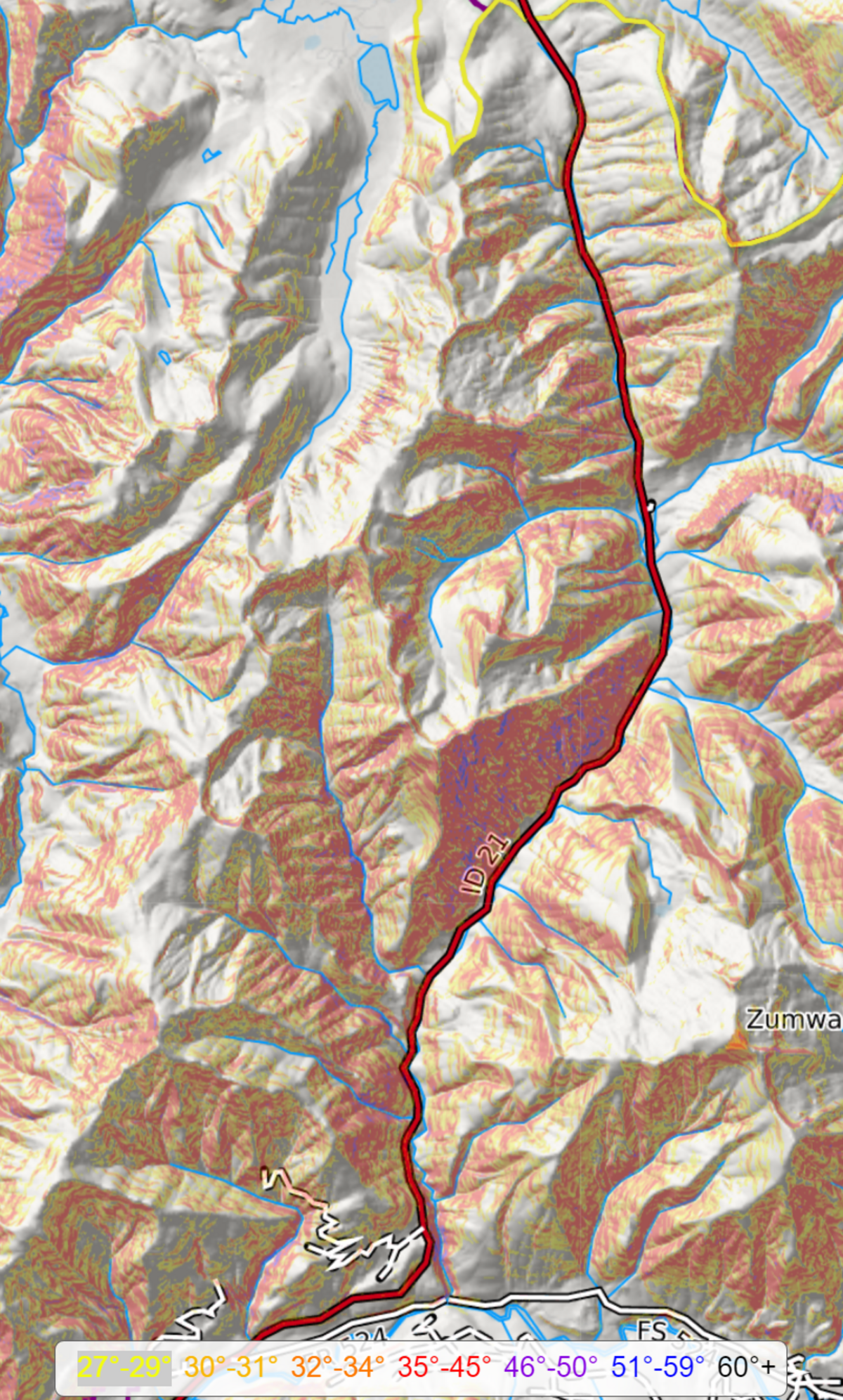 Anything shaded yellow or darker is a potential avalanche risk, while State Highway 21, in red, runs through the middle of Avalanche Alley.