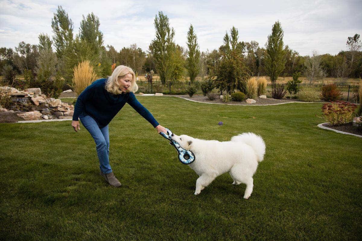 Patricia Flanigan plays with her 10-month-old Samoyed puppy Wylie, in Eagle.