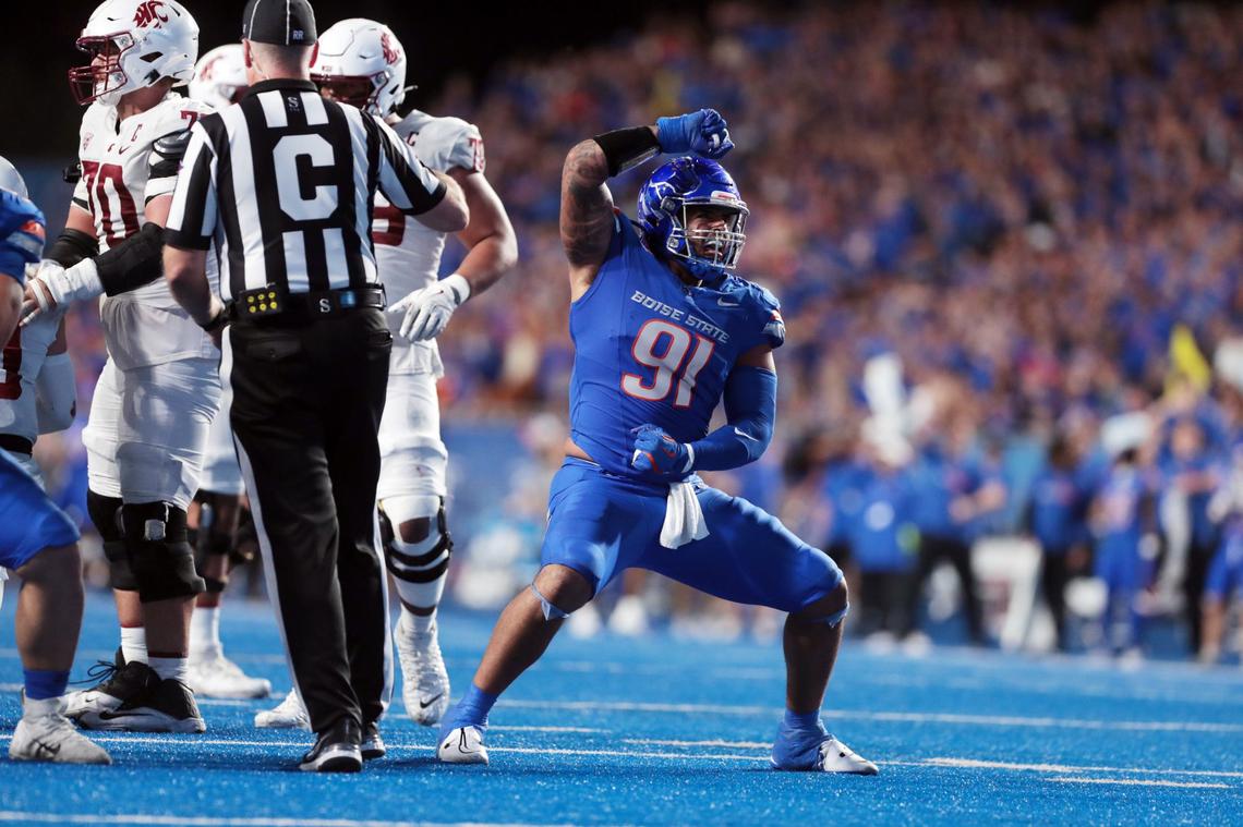 Former Boise State defensive end Ahmed Hassanein celebrates a late stop against Washington State in September 2024.