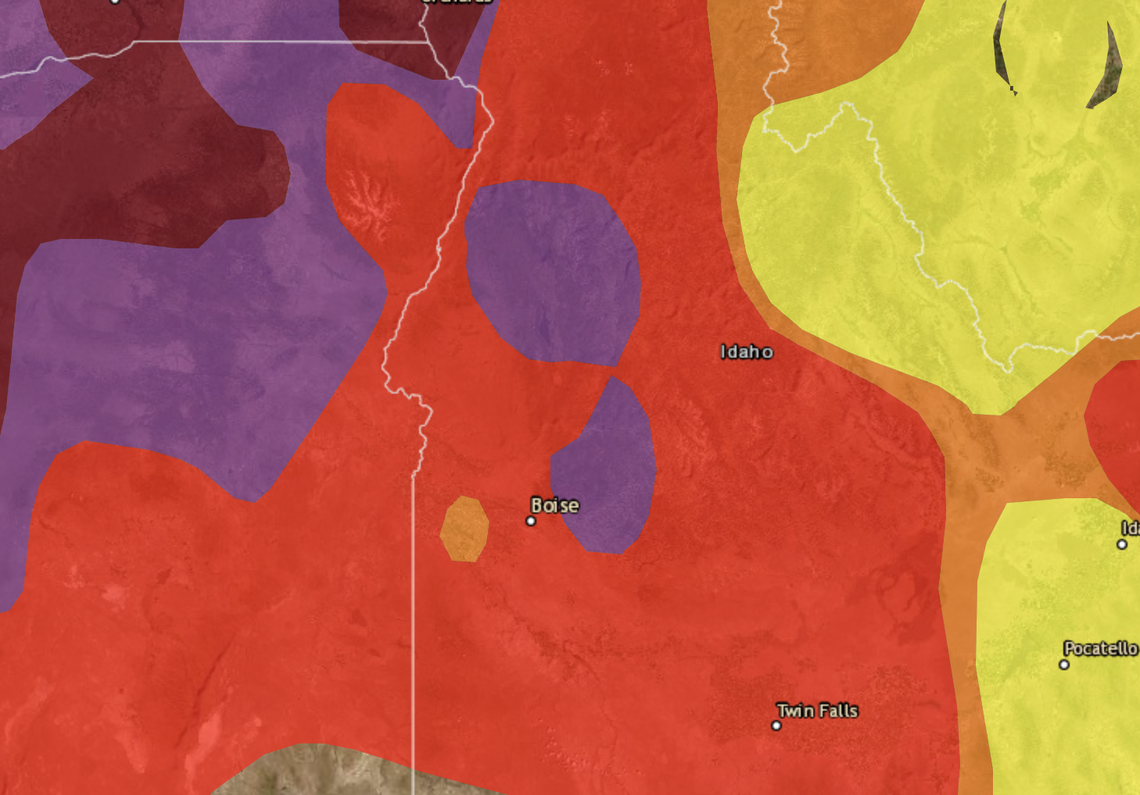 AirNow.gov showed air quality in parts of the Treasure Valley had reached the “very unhealthy” category on Sunday – shown here as the purple area.