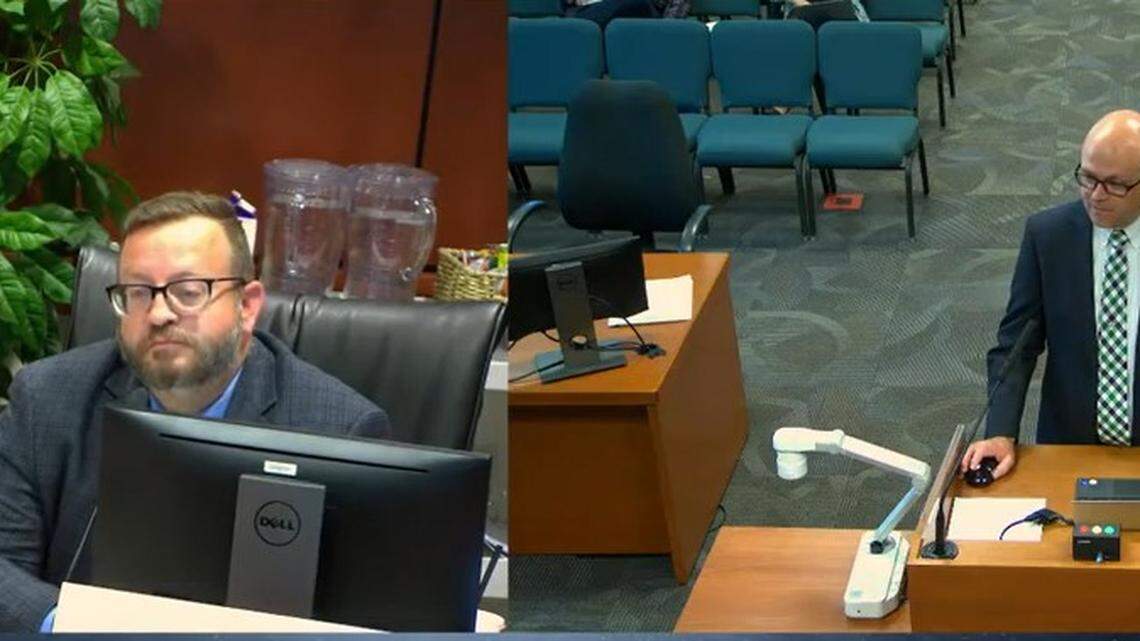 In this screenshot from the June 21 Ada County Commission budget meeting, commissioner Ryan Davidson, left, hears from Ada County Clerk Phil McGrane about indigent services contracts.