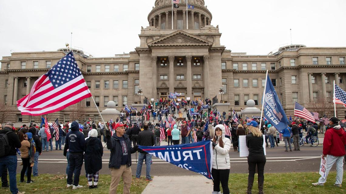 Hundreds of Trump suppporters gather at the Idaho Statehouse Saturday, Nov. 7, 2020 following the announcement that Joe Biden had won the U.S. Presidential election.