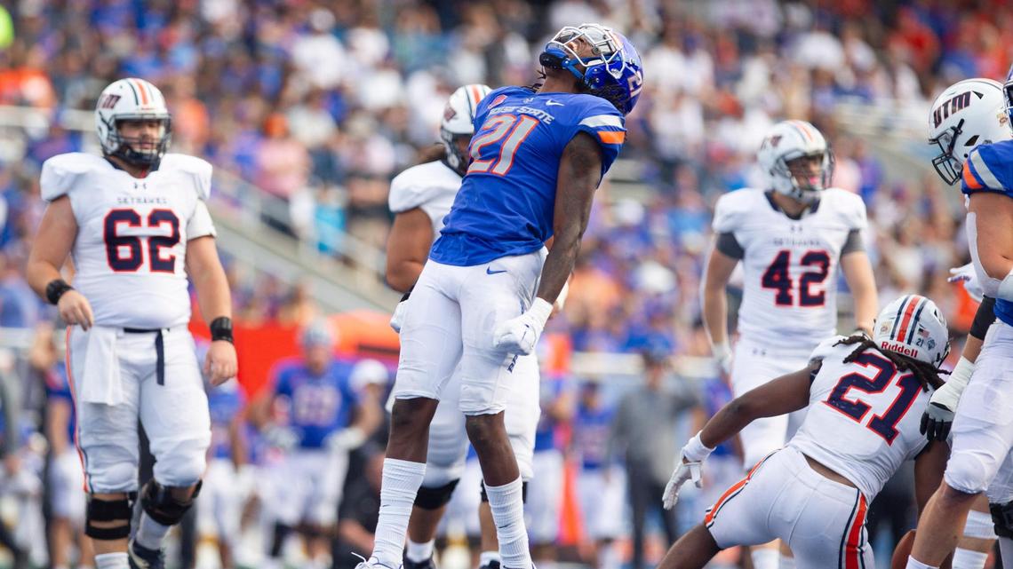 Boise State nickel Tyreque Jones celebrates a defensive stop in the second half of the Broncos’ 30-7 win over UT Martin.