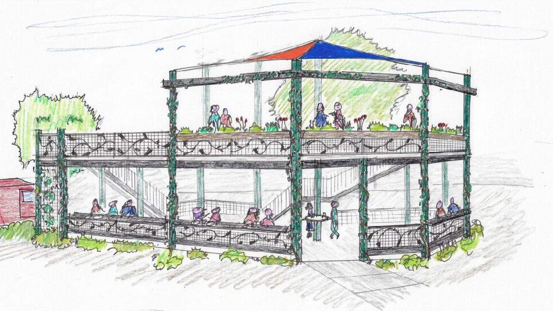 Old Doug’s two-story pavilion will be open to all visitors and “take advantage of the view across the city” with the Foothills in the background, one application document said. A rendering shows the pavilion as seen from the corner of Kootenai Street and Federal Way.