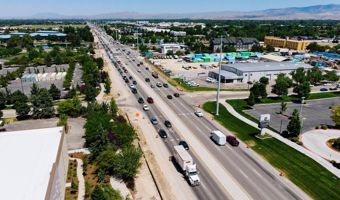 Vehicles drive on Eagle Road north of Lanark Street.