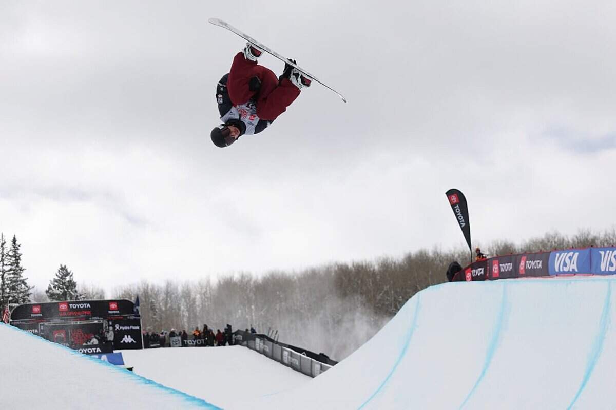 Chase Josey competes in the first run of the Aspen Snowmass Men's Snowboard Halfpipe finals during the Toyota US Grand Prix 2026 at Aspen Snowmass Ski Resort in Colorado.