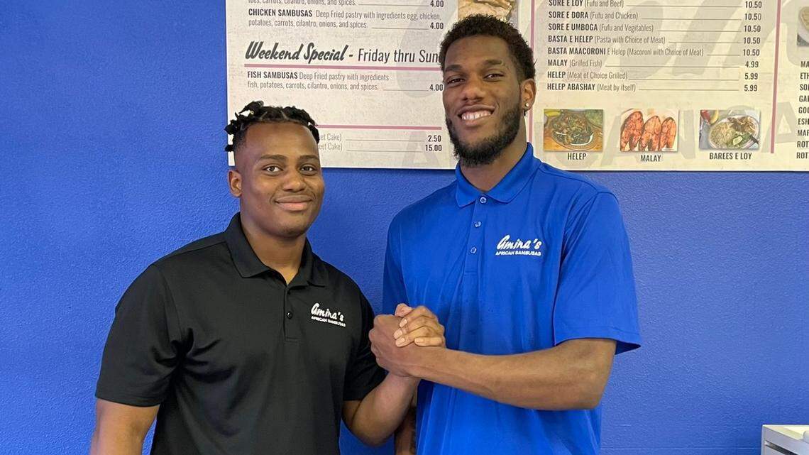 Centennial High grad and Canisius College guard/forward Delveion Jackson, right, is the first Idaho athlete to sign a name, image and likeness deal under the new NCAA rules. Jackson grew up with Chubangu Mnongerwa, left, and will endorse his new restaurant, Amina’s African Sambusas at 6555 W. Overland Road.