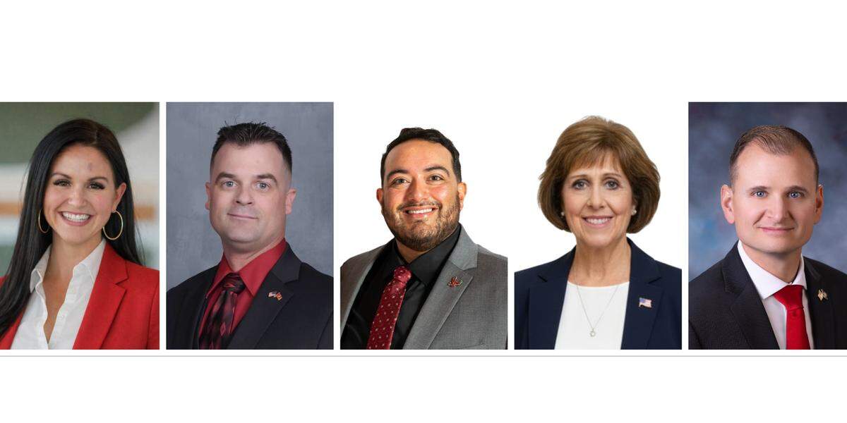 Republican candidates for District 11 in the May 2026 primary election. From left: Camille Blaylock, Chris Trakel, Carlos Hernandez, Debbie Geyer and Lucas Cayler.  