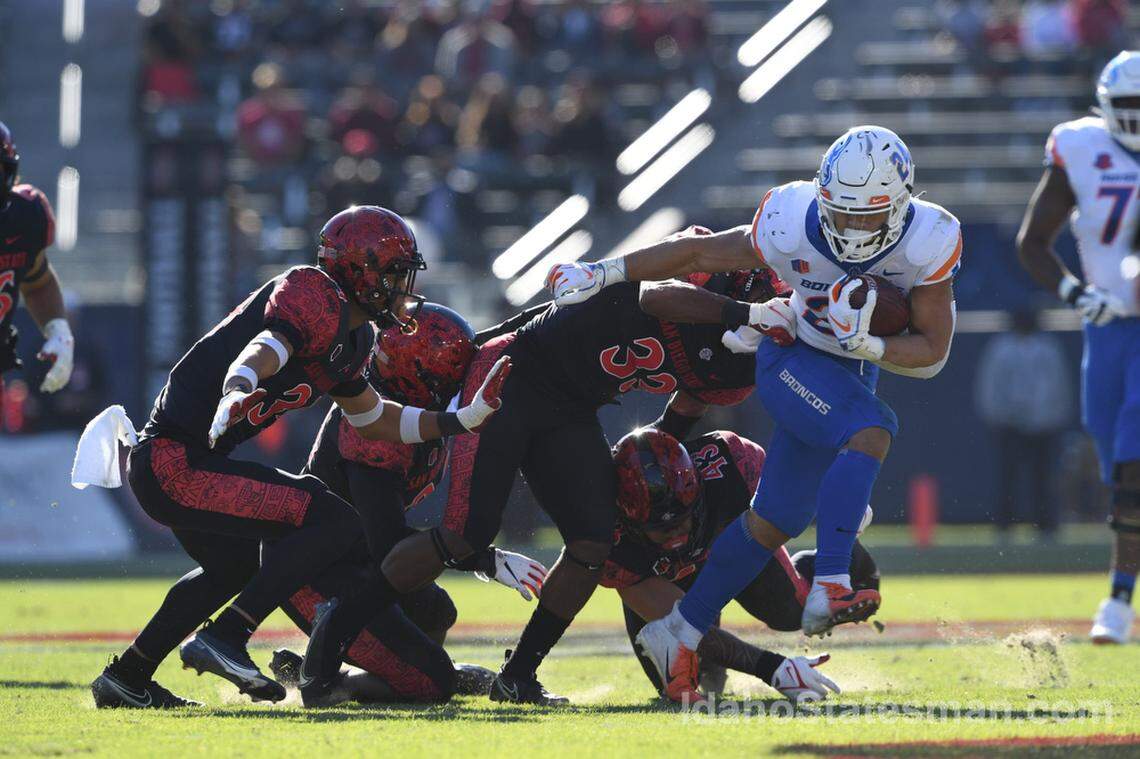 Boise State running back George Holani carries the ball against San Diego State at Dignity Health Sports Park in Carson, Calif.