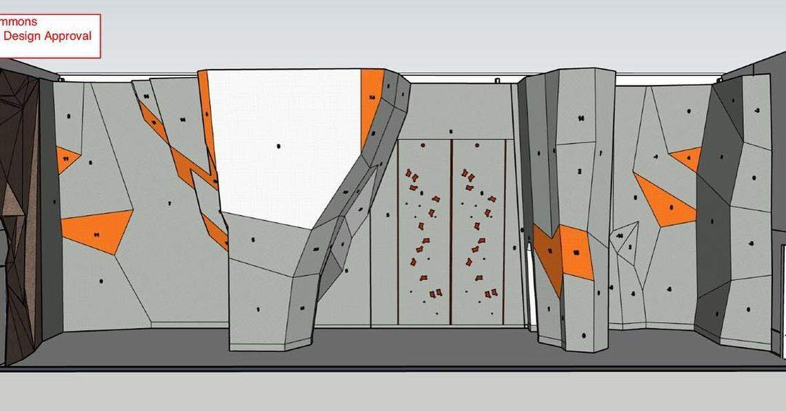 A rendering shows what the 45-foot-tall rock climbing wall at The Commons would look like.