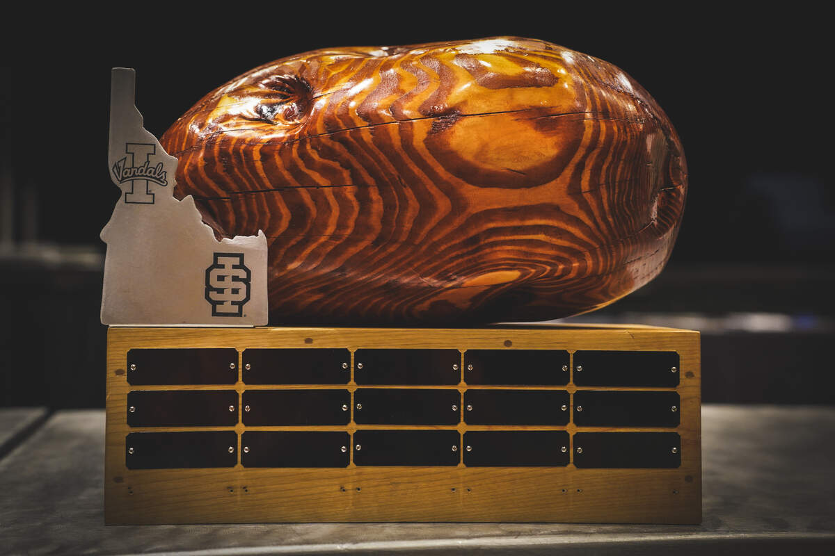 The Idaho and Idaho State football teams will play for a new rivalry trophy in 2024. The Potato State Trophy weighs 19.4 pounds and was hand-carved from North Idaho Douglas Fir.