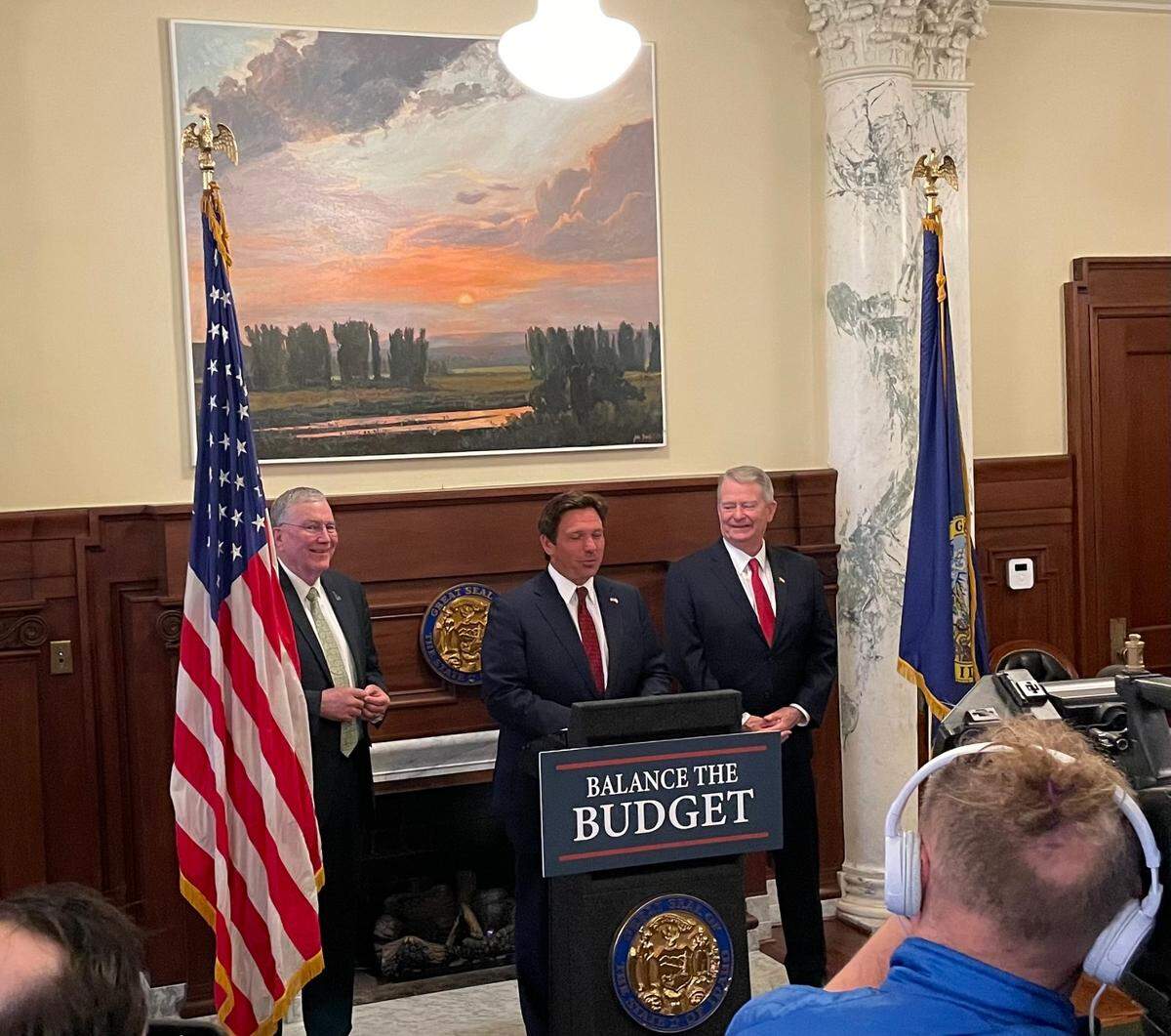 From left, Idaho Lt. Gov. Scott Bedke, Florida Gov. Ron DeSantis and Idaho Gov. Brad Little held a press conference Monday to advocate for an amendment to the U.S. Constitution that would require a balanced budget.
