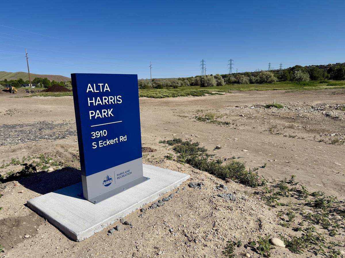 Boise’s Alta Harris Park has new signage and a sidewalk fronting the property. This was the view on Thursday.
