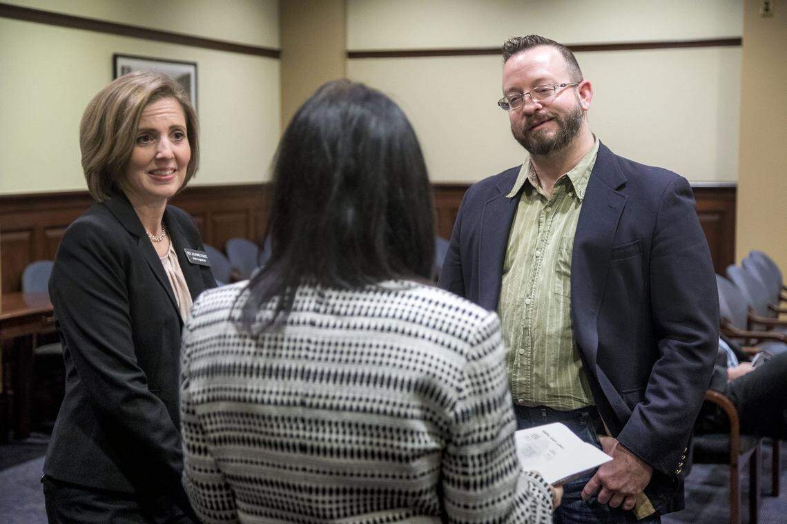 Ryan Davidson, then-chairman of the Ada County Republican Central Committee, talks with Idaho state Reps. Christy Zito, R-Hammett, center, and Julianne Young, R-Blackfoot, before a January 2019 meeting at the Statehouse. in January, Davidson and Rod Beck will join Kendra Kenyon on the Ada County Commission.