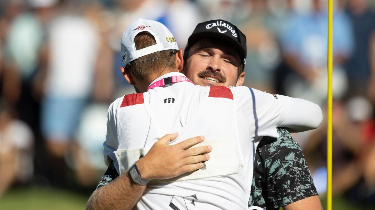 Golfer Will Gordon celebrates his winning putt Sunday with his caddie during a playoff on the 18th hole at Hillcrest Country Club in the final round of the Albertsons Boise Open. Gordon shot a final-round 63 to finish 21-under for the tournament.