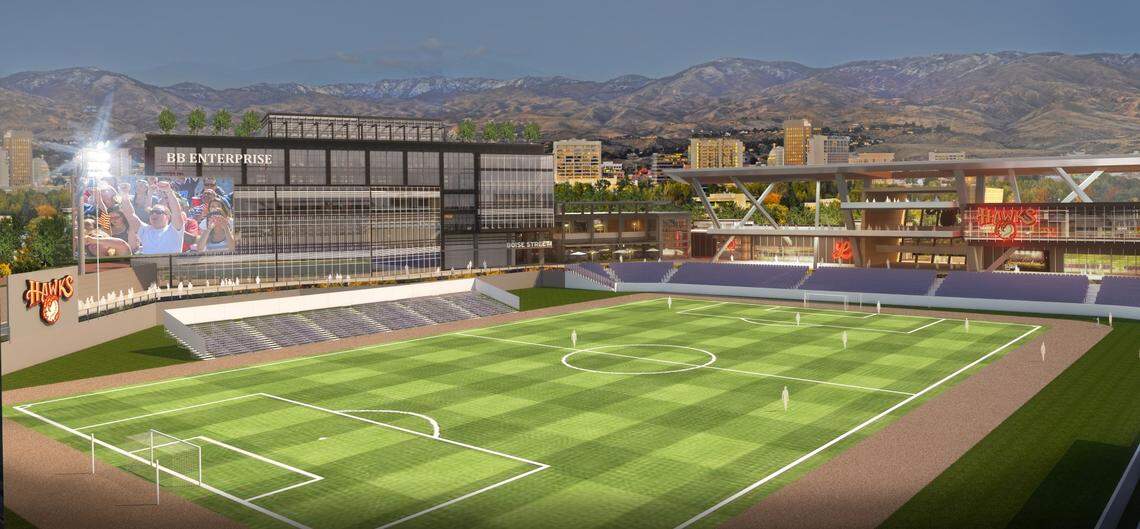 Atlanta developer Greenstone Properties wants to build a stadium for soccer and minor-league baseball that the city of Boise would own. This artist’s rendering shows how it might have looked at its original proposed location on Americana Boulevard just southwest of Downtown. The current proposed site is a half-mile northwest of this.