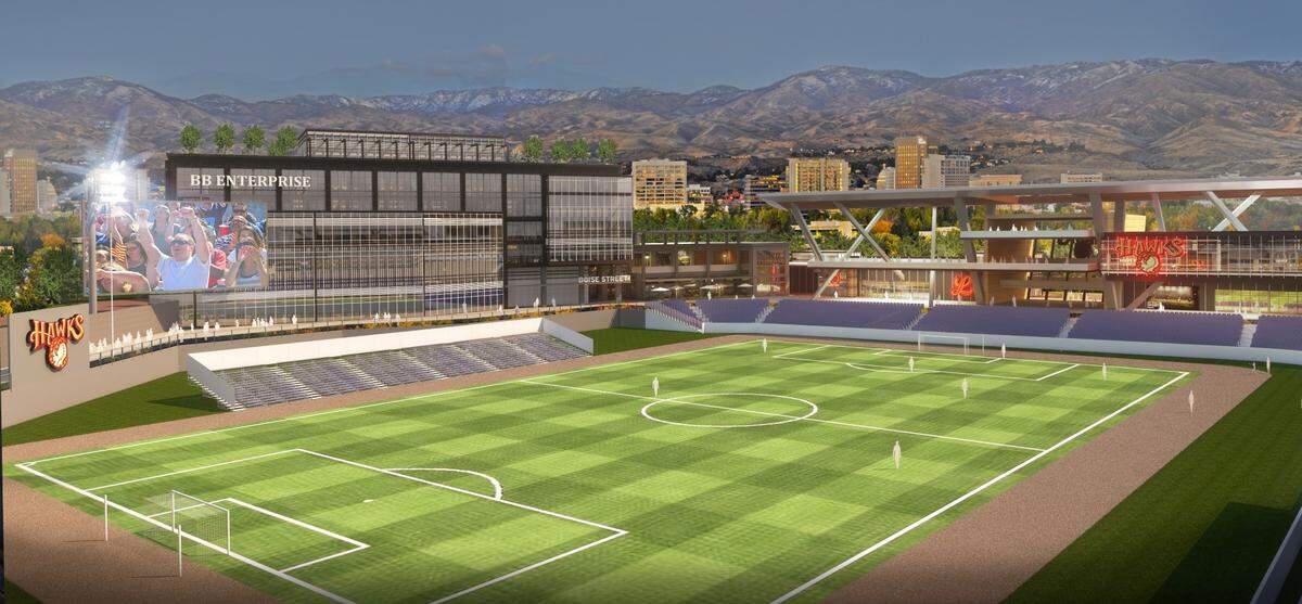 This is an artist’s rendering of Greenstone Properties’ proposed stadium when it was still planned to be built on Americana Boulevard south of River Street, not at its current proposed site a half mile northwest.