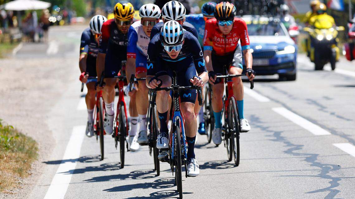 Boise High graduate Matteo Jorgenson, front, finished 21st overall in his Tour de France debut. He is pictured competing in Stage 13.