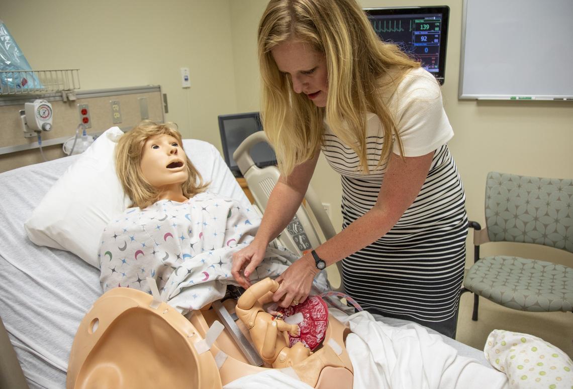 To help nursing, respiratory and radiology students practice for clinical settings, Boise State has simulation labs, including one mannequin named Noelle, who gives birth. Kelley Connor, assistant professor of nursing at Boise State University, uses the labs to teach course objectives.