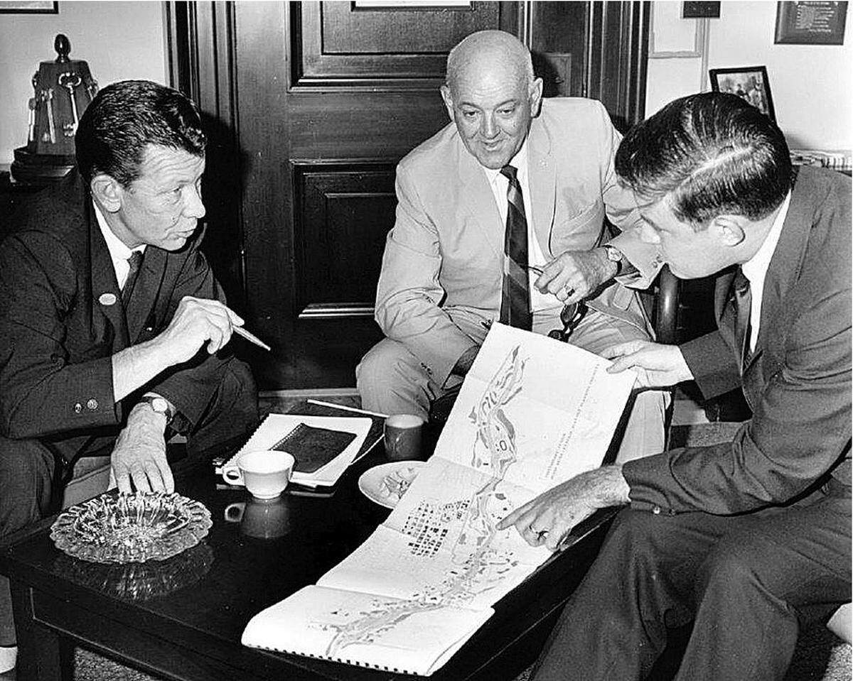 Boise City Councilmen Bill Onweiler, left, and Sherm Perry, center, make their Greenbelt pitch to Sen. Frank Church in Washington, D.C., in 1967.