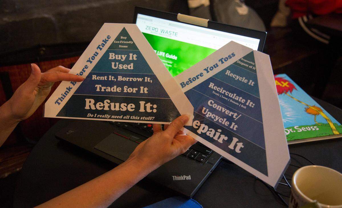 Zero Waste Boise Institute founder Jillien Eijckelhof created these placards to remind people to think before they toss an item or take an item. The movement is more timely than ever with new recycling mandates locally and nationally.