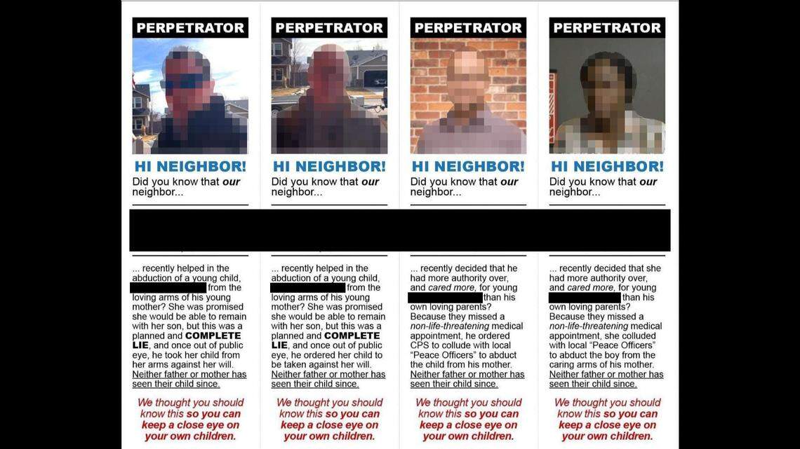 Activists created fliers releasing the personal information of people they said were involved in a child custody case last month. The flyer has been edited to obscure personal information.