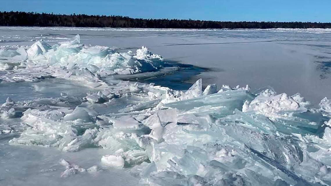 Ice builds on Lake Michigan along the shore at Newport State Park in Wisconsin, in 2021. In Utah, a 52-year-old man died Saturday, Feb. 19, after plunging through ice into Steinaker Reservoir while fishing, sheriff’s officials said.