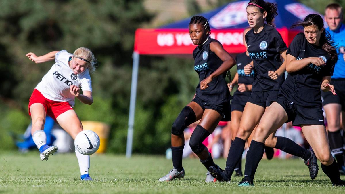 Sammy Smith of the U-16 Boise Thorns girls fires a shot during the second half Friday against Los Angeles Tudela. The Thorns won 3-0 in the quarterfinals of the U.S. Youth Soccer Far West Regional Championships at the Simplot Sports Complex in Boise.