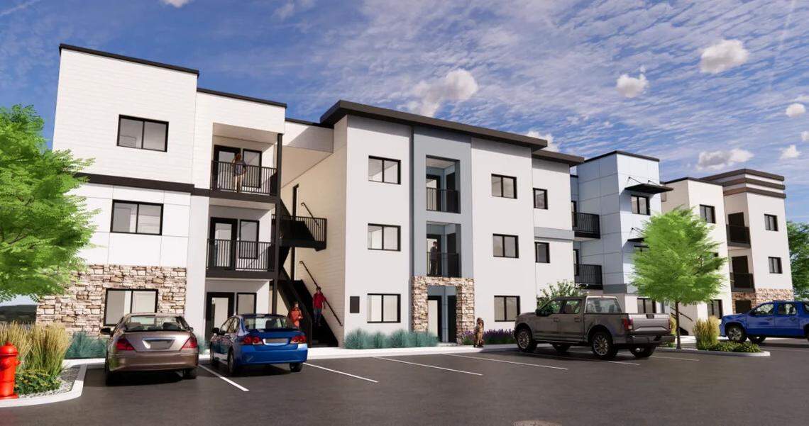 This rendering shows the outside of the District 208 apartments.